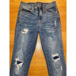 Distressed Aero Blue Denim Skinny Jeans For Women